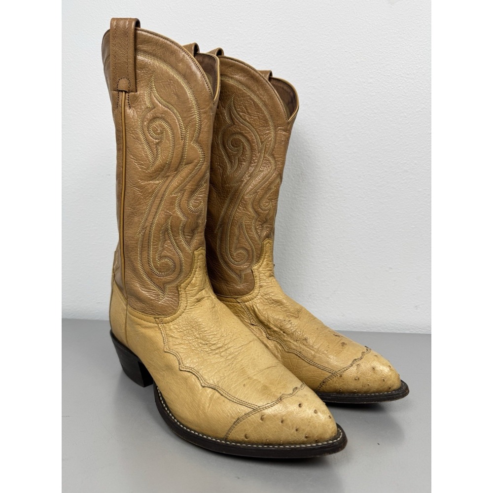 Tony Lama Two Tone Ostrich Leg Cowboy Boots Mens 9.5 EE Wingtip Tan Vintage 70s